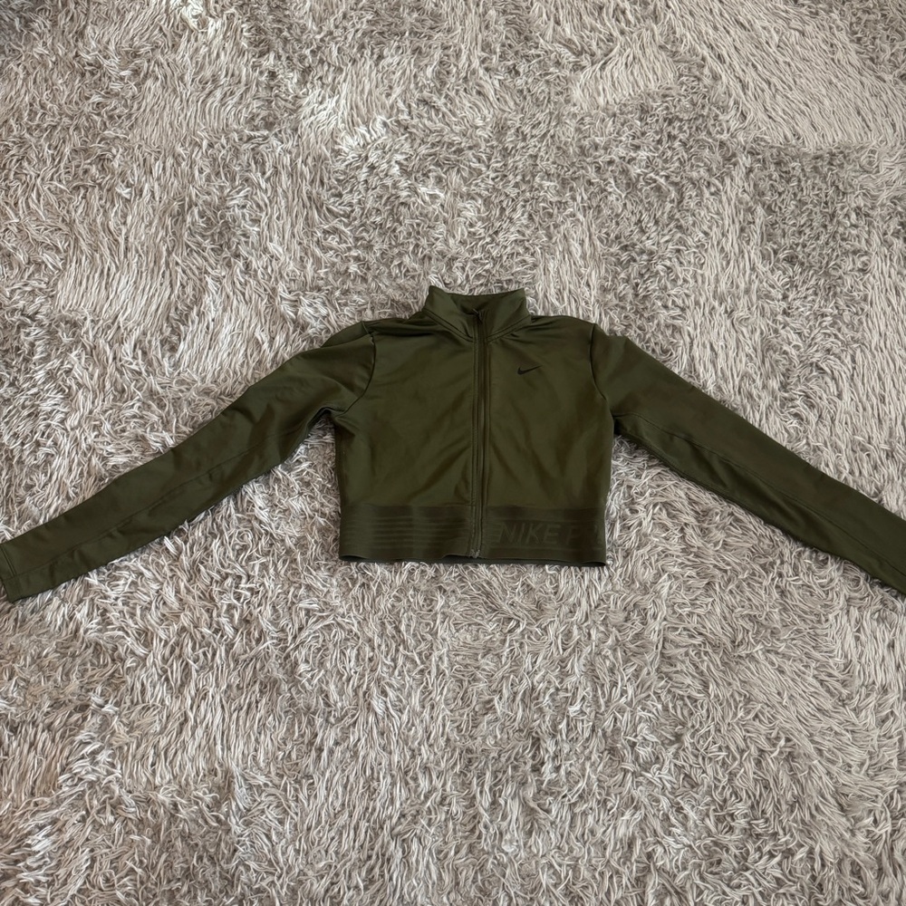 Nike Pro Green Cropped Mesh Panel Long Sleeve Zipup
